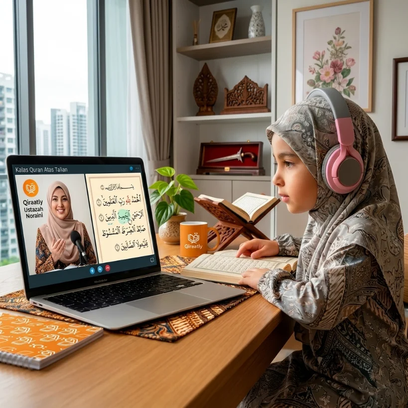 A young Singaporean student wearing a hijab learning Quran online with a certified Qiraatly tutor