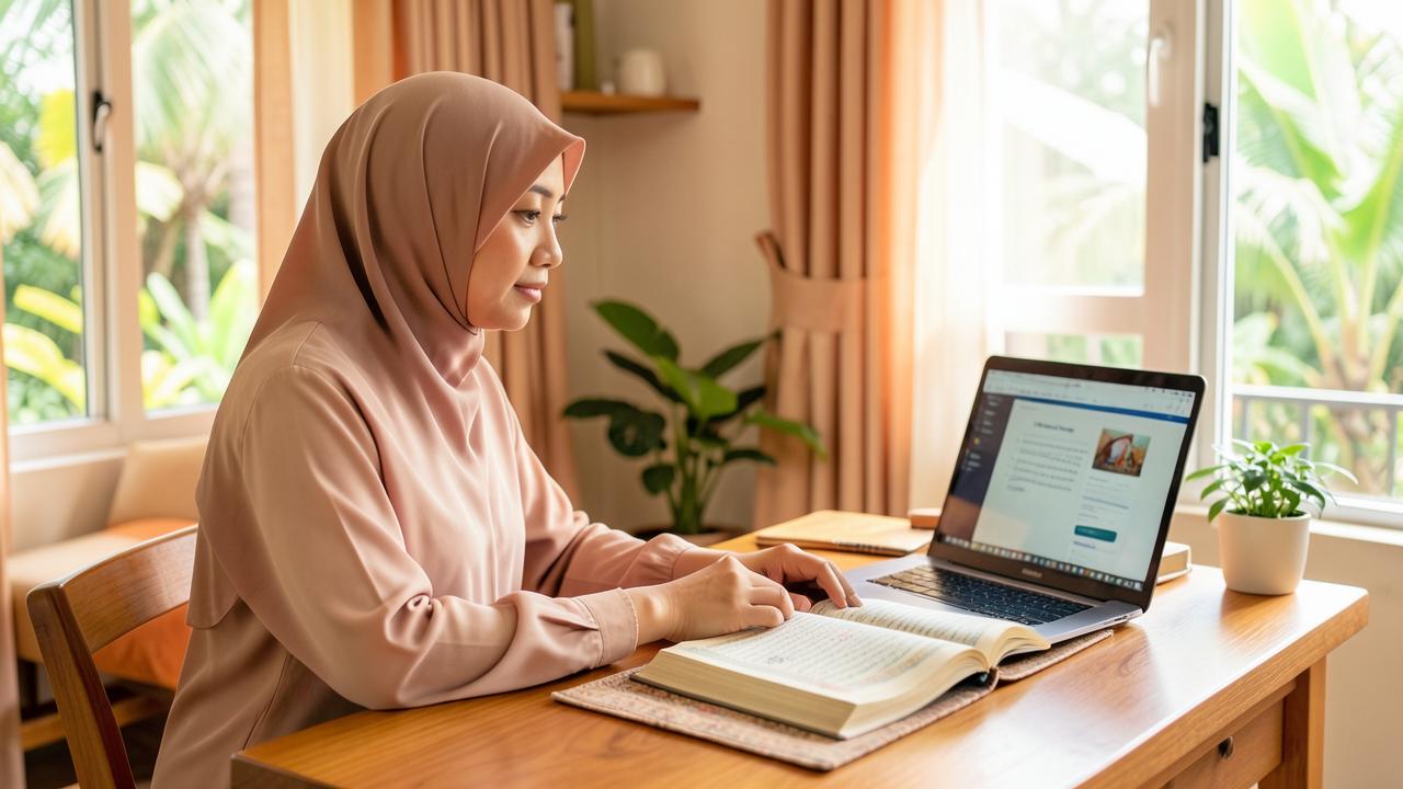 Malay Muslim woman studying the Quran online at home