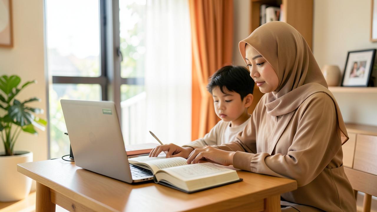 Mother helping her child learn Quran during an online lesson